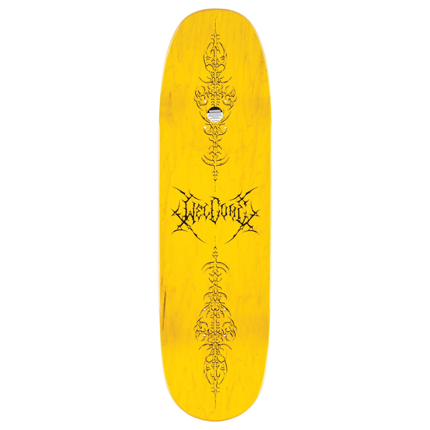 Yellow skateboard deck with black designs and text on a white background