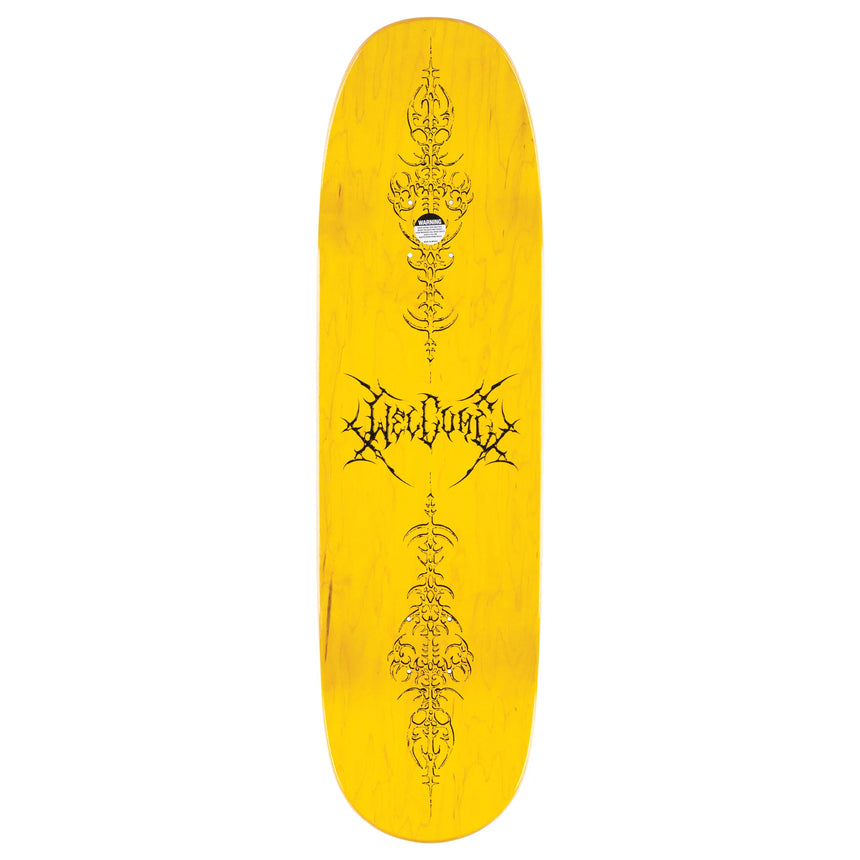 Yellow skateboard deck with black designs and text on a white background
