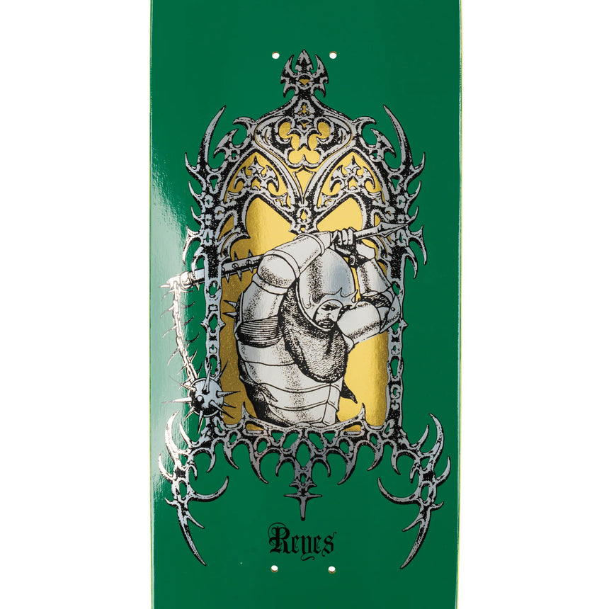 Decorative skateboard deck with a knight design on a green background