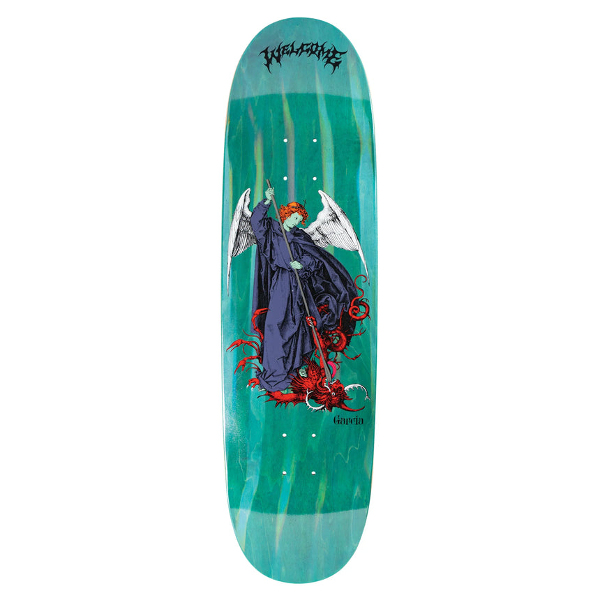 Skateboard deck with a colorful design of an angel and demon on a green background