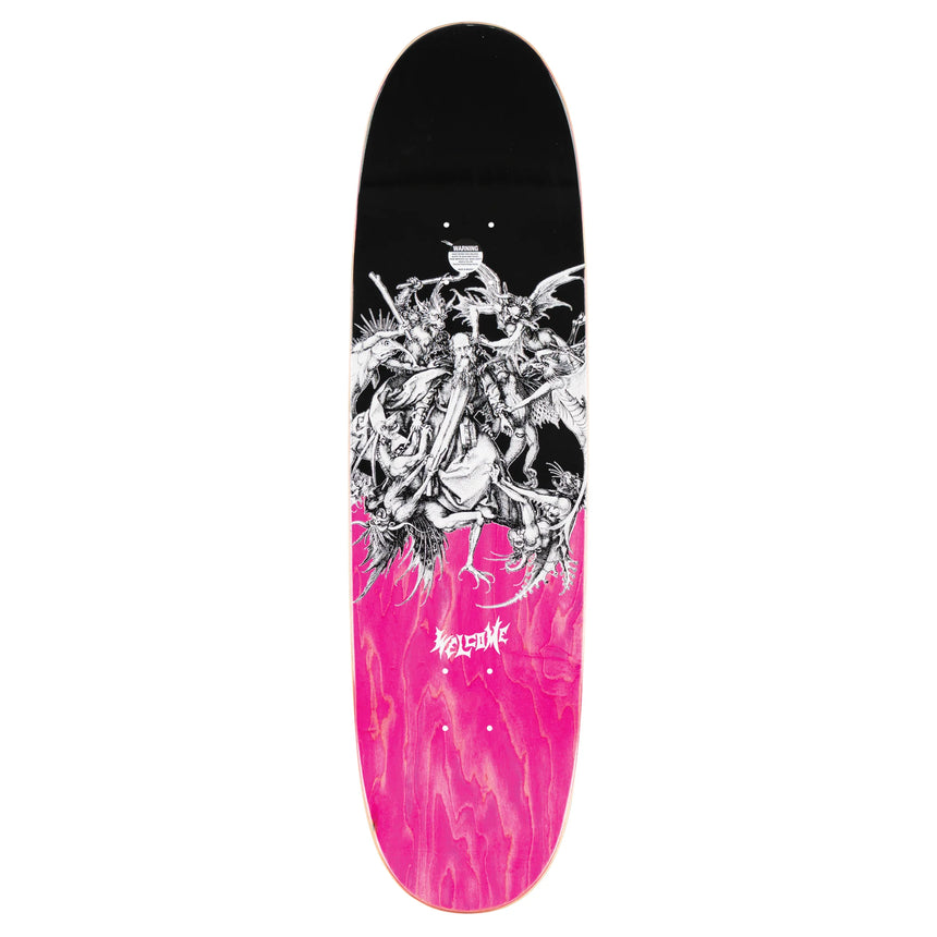 Skateboard deck with black and white graphic design on a pink and black flame pattern
