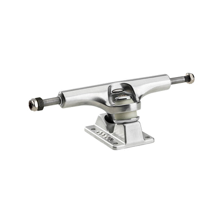 Skateboard truck with silver finish on a white background