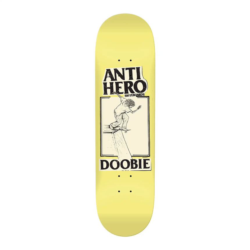Yellow skateboard deck with 'Anti Hero' and 'Doobie' graphics on a white background