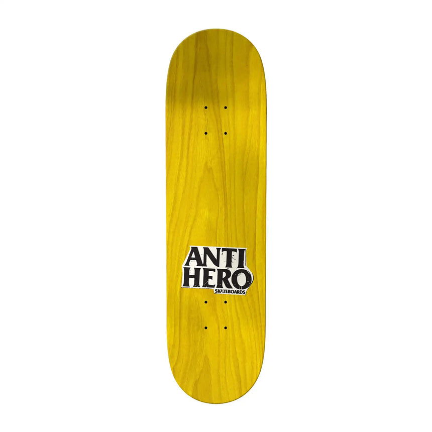 Yellow skateboard deck with 'Anti Hero' logo on a white background