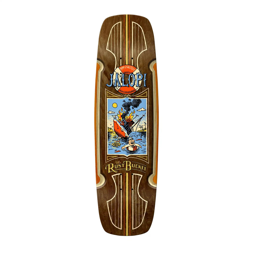 Wooden skateboard deck with artistic design and branding on a white background
