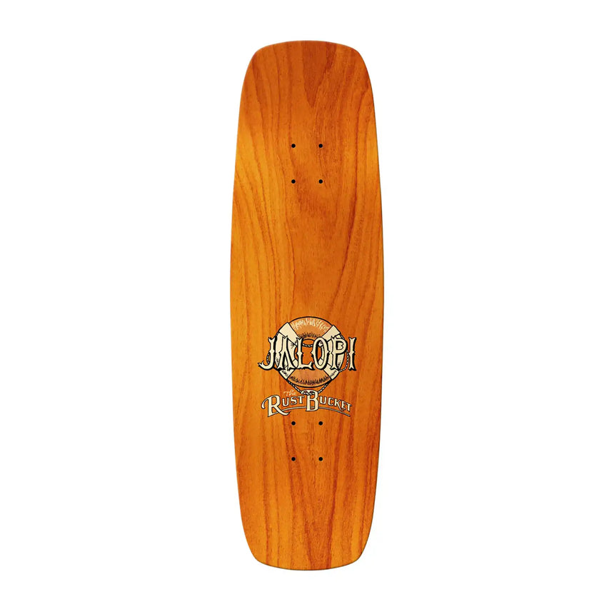 Wooden skateboard deck with a brand logo on a white background
