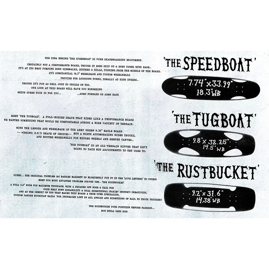 Three skateboard decks labeled 'The Speedboat', 'The Tugboat', and 'The Rustbucket' with specifications on a white background.