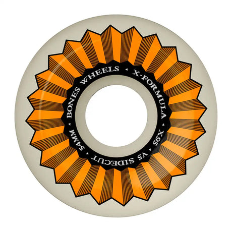 Skateboard wheel with orange and black design on a white background