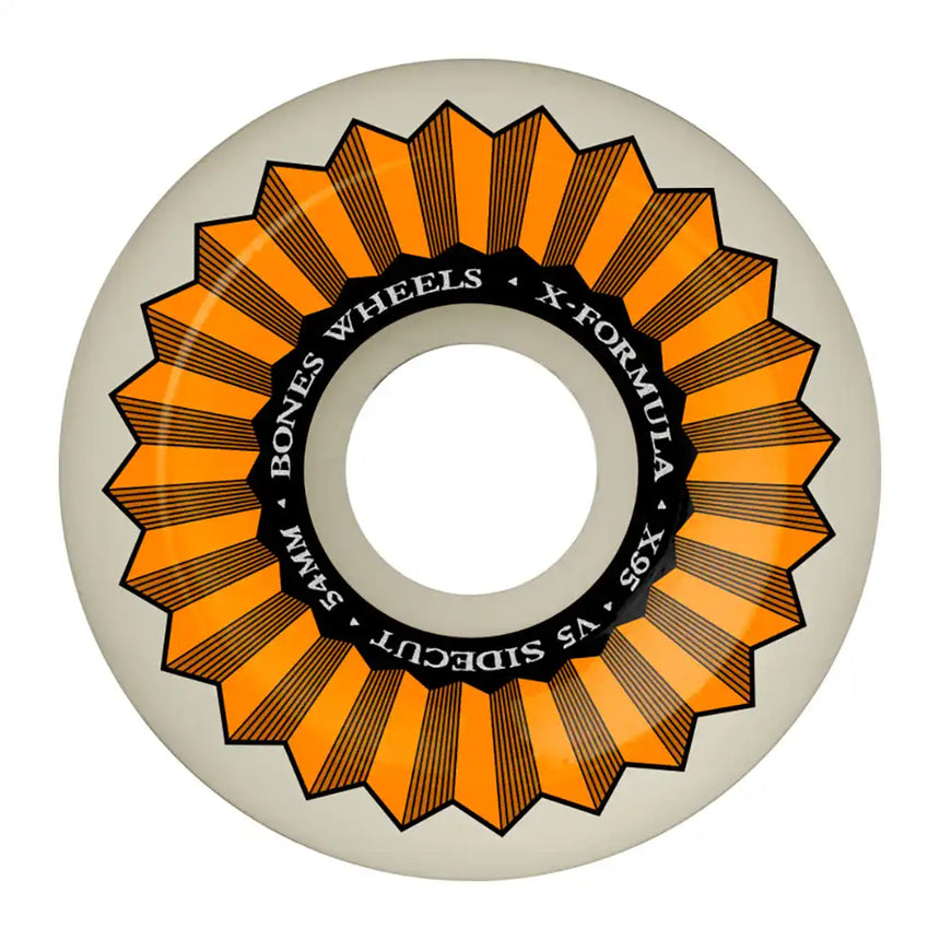 Skateboard wheel with orange and black design on a white background