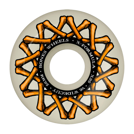 Skateboard wheel with orange bones and black text on a white background