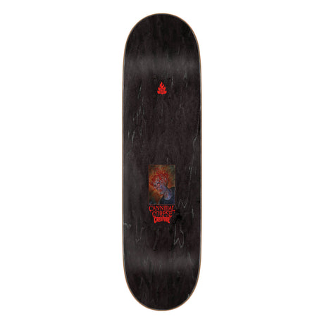 Black skateboard deck with red and white text on a white background