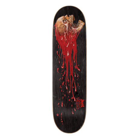 Skateboard deck with a graphic design of a face with red liquid on a black background