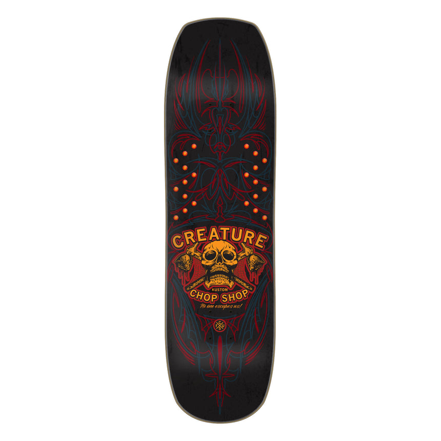 Skateboard deck with creature logo on a white background