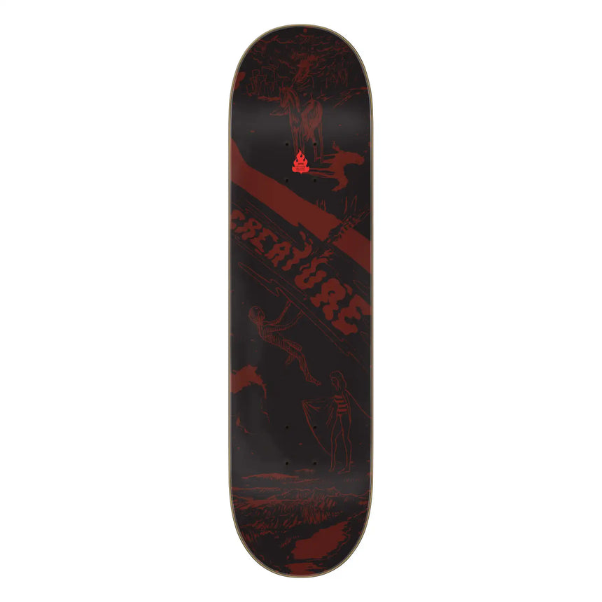 Black skateboard deck with red graphics and 'CREATURE' branding on a white background