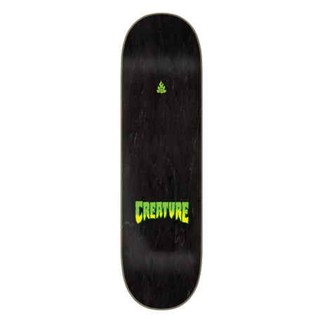 Black skateboard deck with 'Creature' logo on a white background