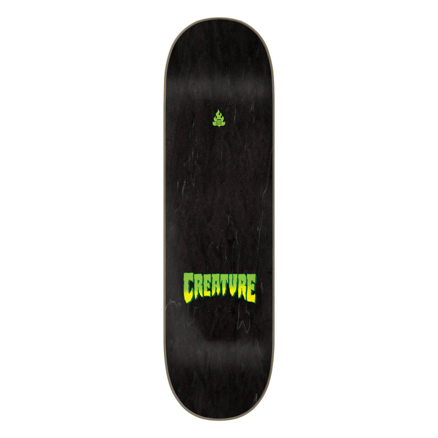 Black skateboard deck with 'Creature' logo on a white background