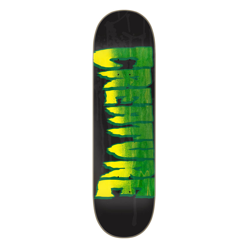 Skateboard deck with green and yellow design on a white background