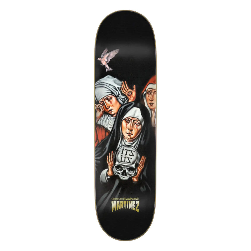 Skateboard deck with artistic design of figures and text on a black background