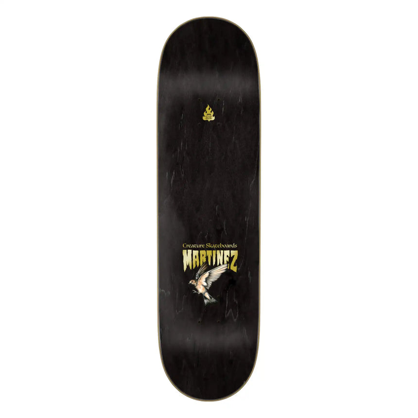 Black skateboard deck with a logo and text on a white background