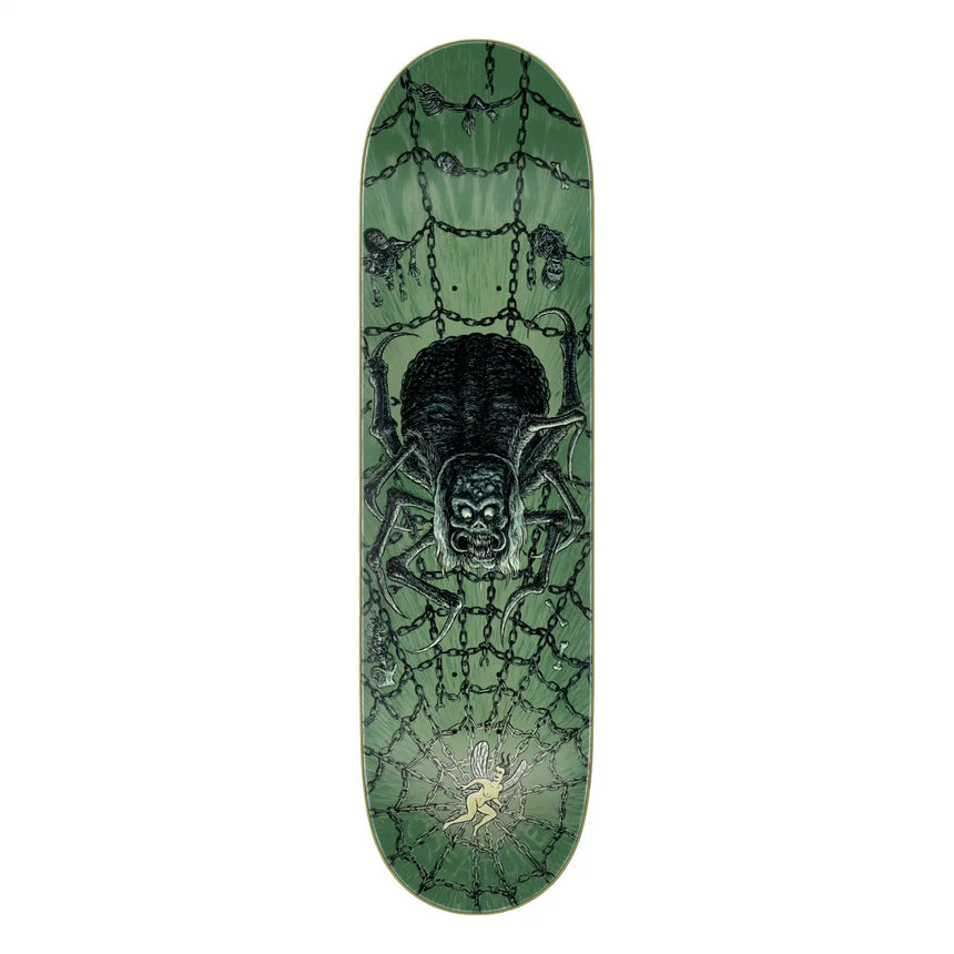 Skateboard deck with a green marbled design and black chain and skull pattern on a white background