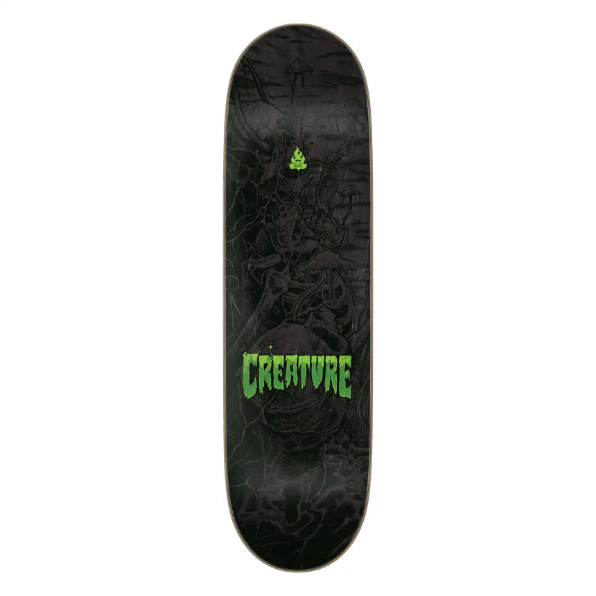 Skateboard deck with green text and logo on a black background
