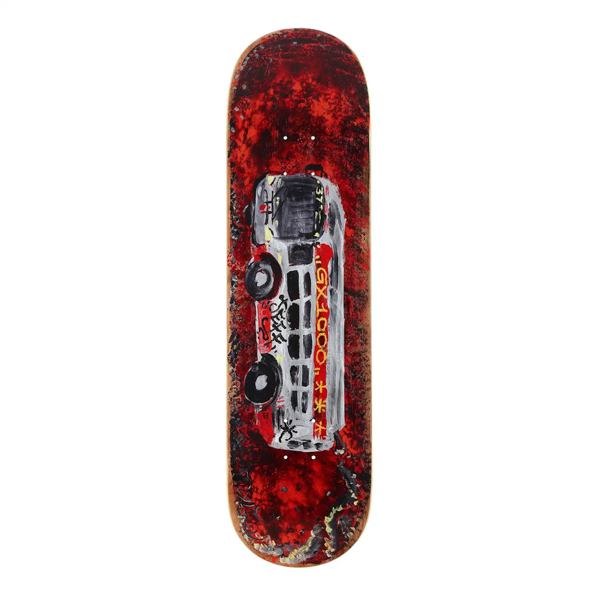 Skateboard deck with red and black design on a white background