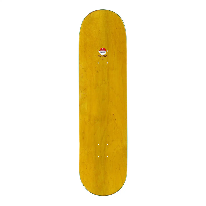 Yellow skateboard deck with a brand logo on a white background