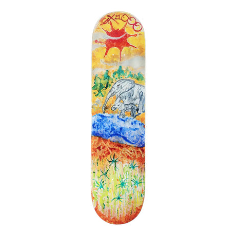 Colorful skateboard deck with elephant design on a white background