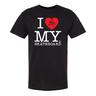Black t-shirt with 'I ❤️ MY SKATEBOARD' text on a white background