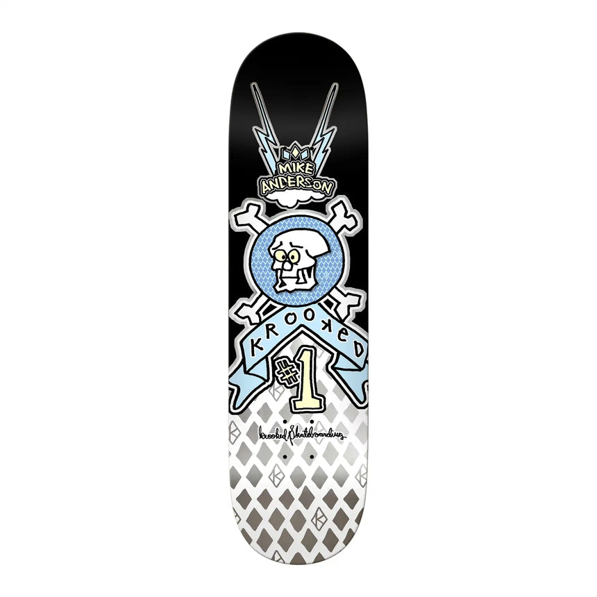 Skateboard deck with a graphic design on a white background