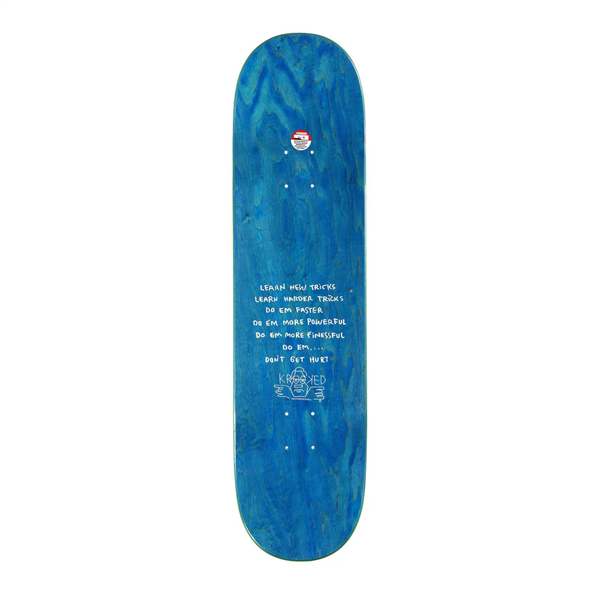 Blue skateboard deck with white text and graphics on a white background