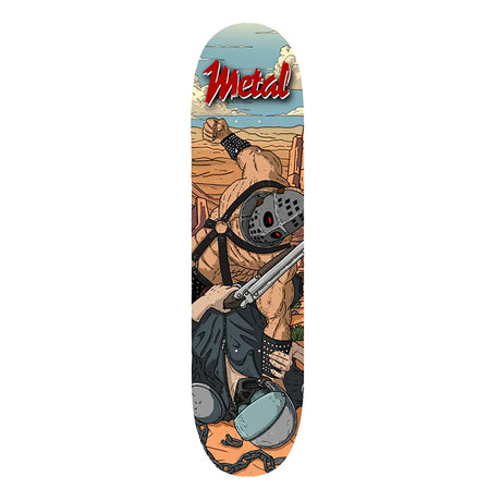 Skateboard deck with a graphic design of a person holding a gun, set against a desert landscape with 'Metal' branding.