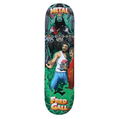 Skateboard deck with colorful design featuring a character and text on a white background