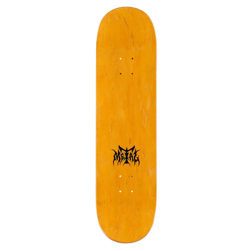 Orange skateboard deck with a black logo on a white background