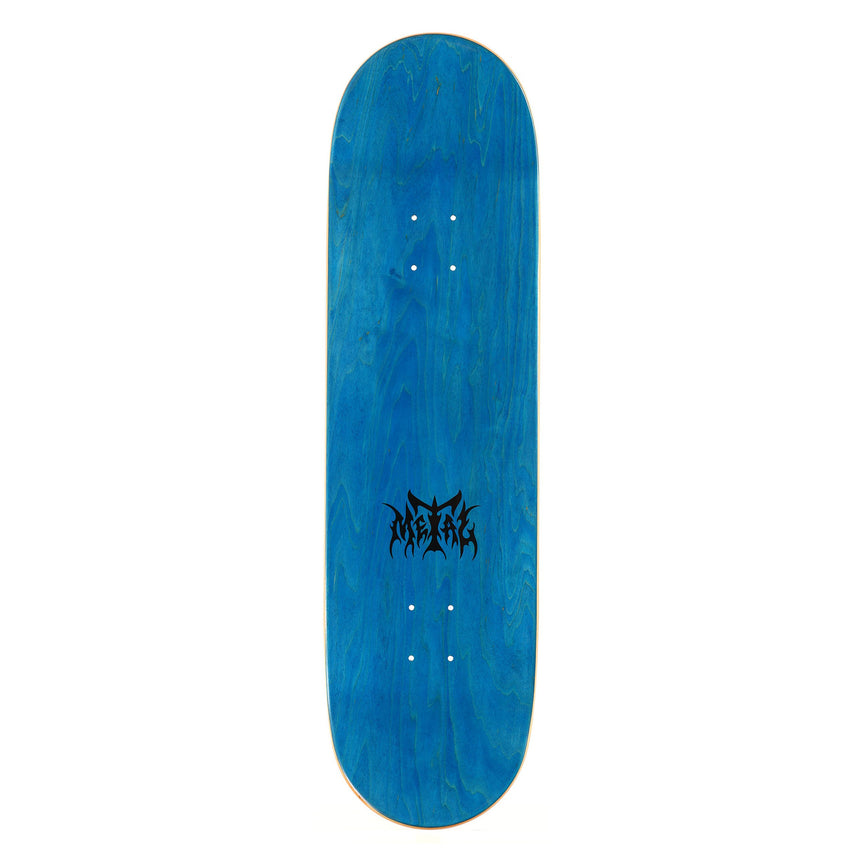 Blue skateboard deck with a black logo on a white background