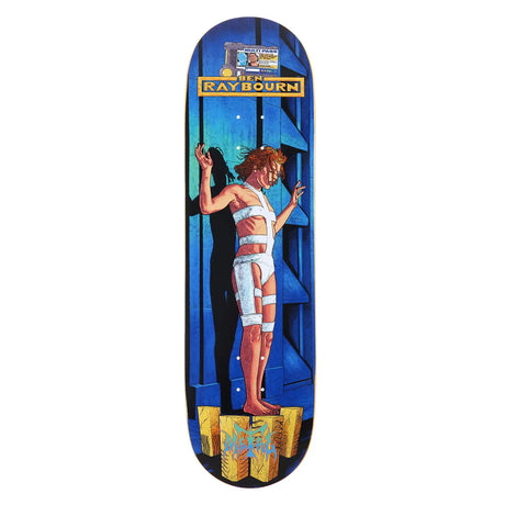Skateboard deck with a colorful design of a person against a blue background, featuring the brand 'Ben Ray Bourn'.