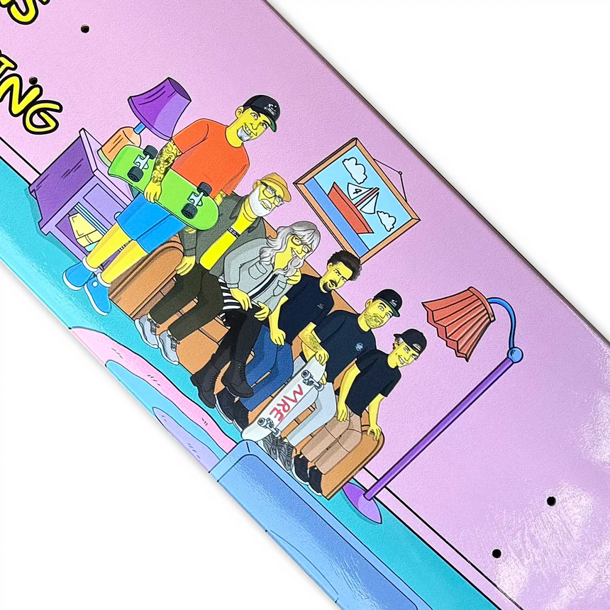 Skateboard deck with colorful illustration of people and objects on a pink background
