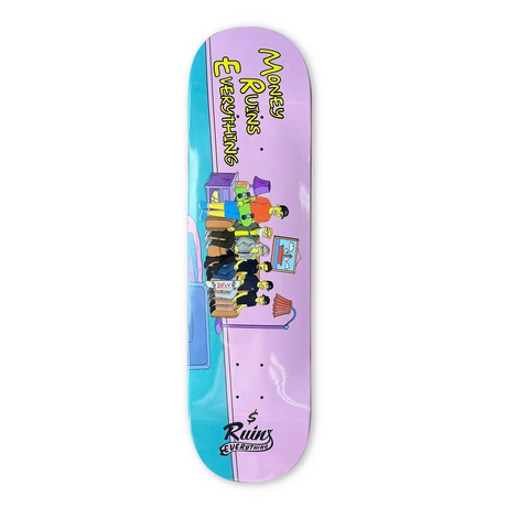 Skateboard deck with colorful design and text on a white background