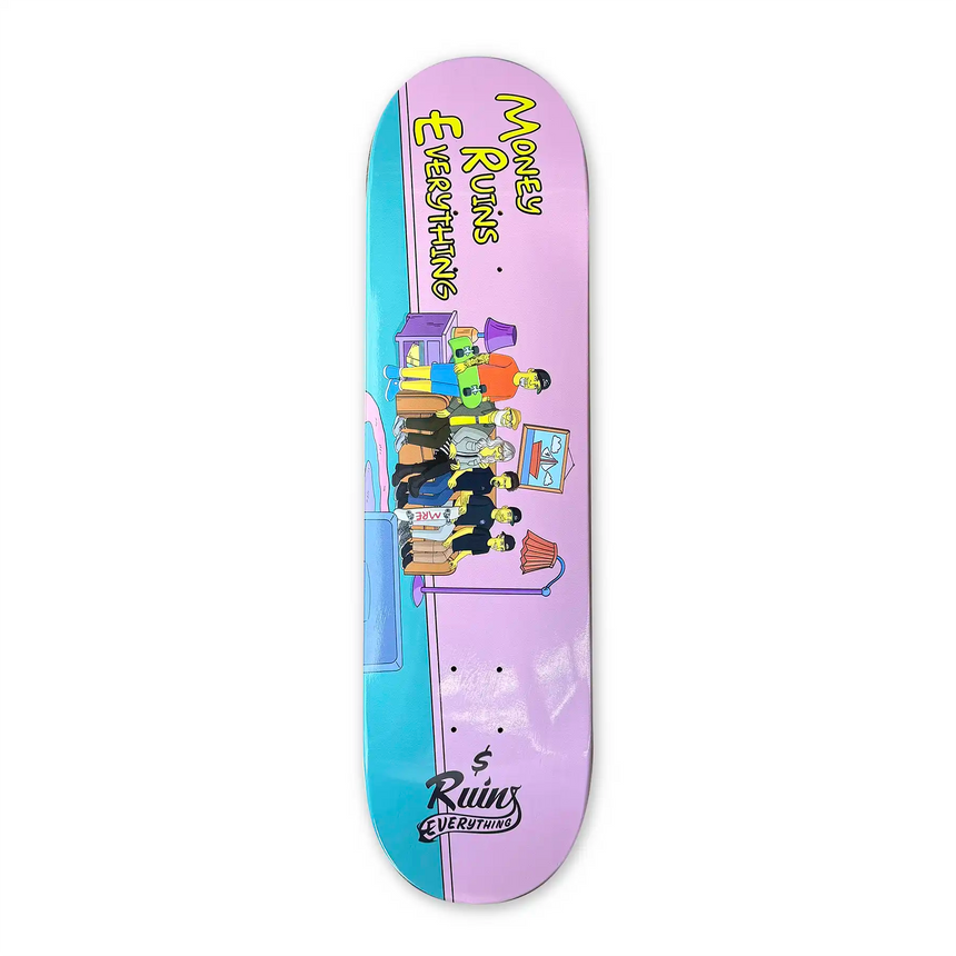 Colorful skateboard deck with cartoon characters and text on a white background