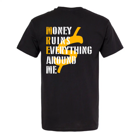 Black t-shirt with yellow and white graphic and text on a white background