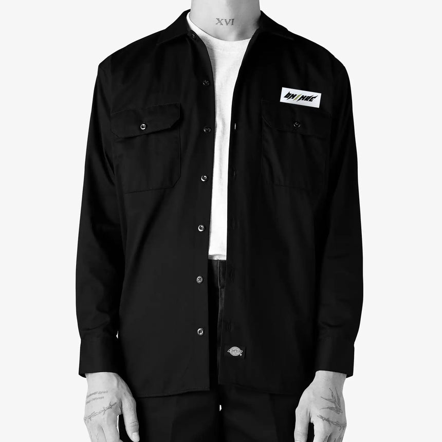 Money Ruins Everything x Dirt Motel x Dickies Long Sleeve Workshirt front black