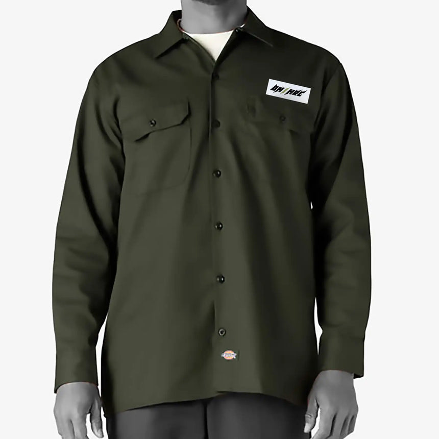 Money Ruins Everything x Dirt Motel x Dickies Long Sleeve Workshirt front olive