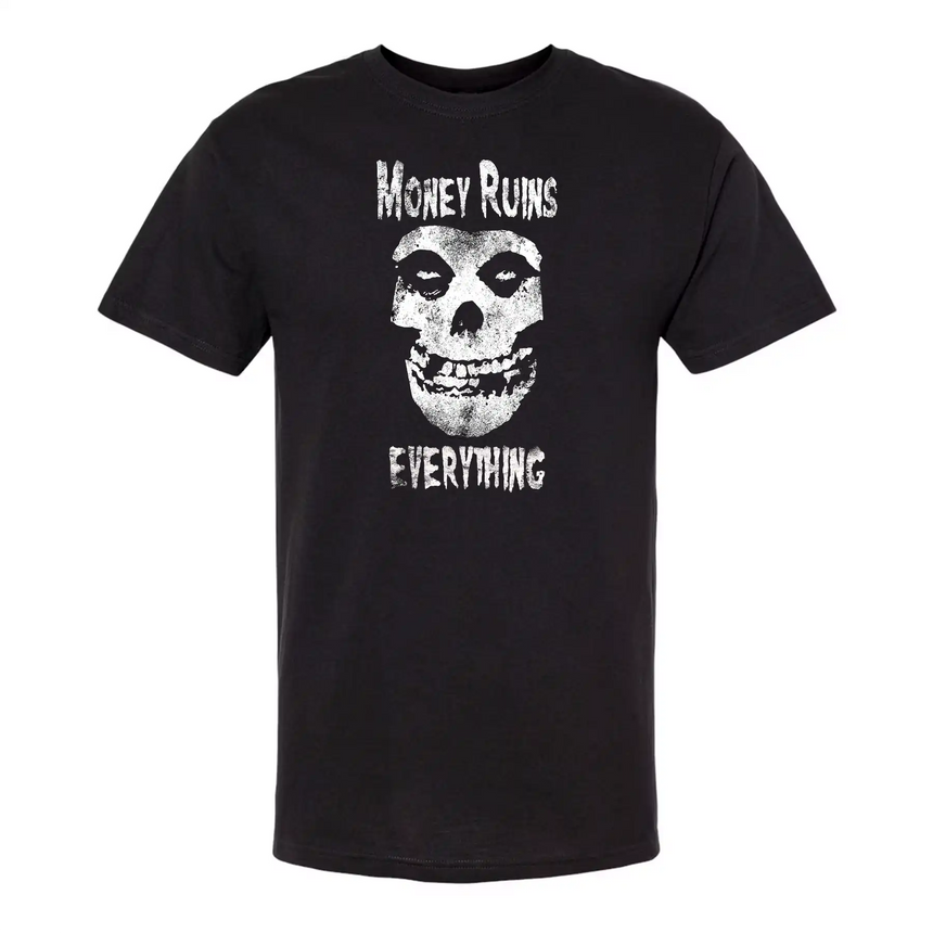 Black t-shirt with a skull graphic and text on a white background