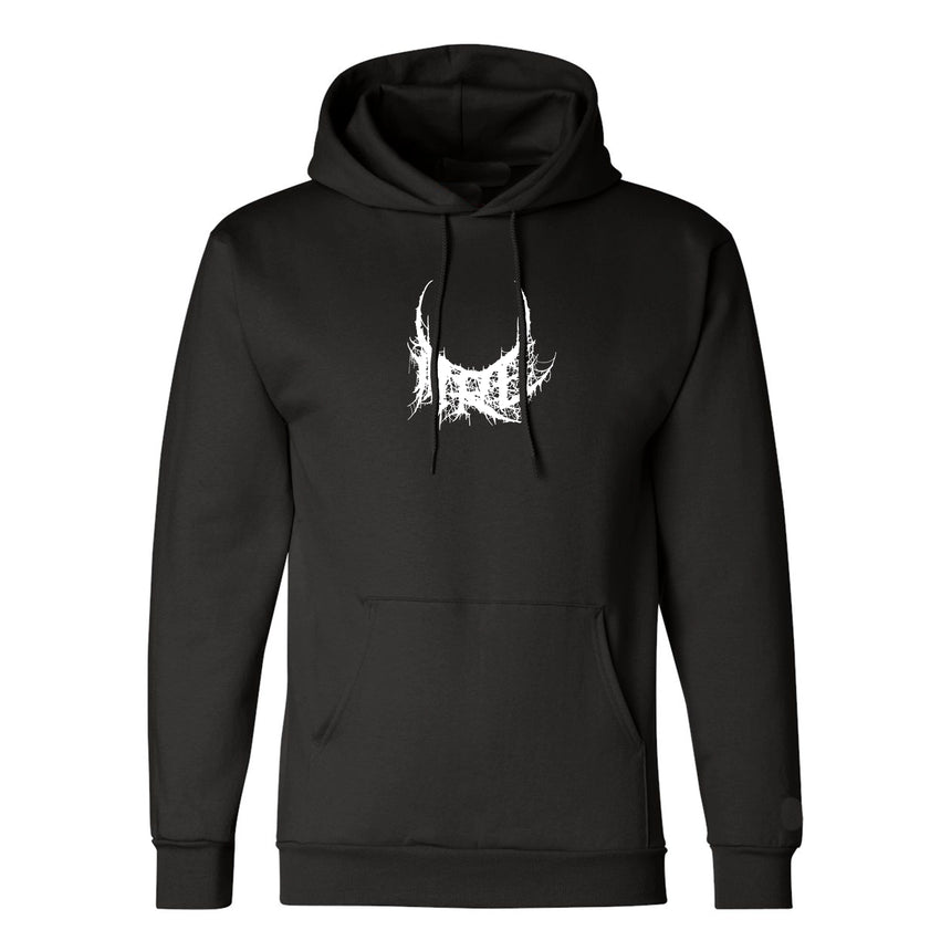 Black hoodie with a white graphic design on a white background