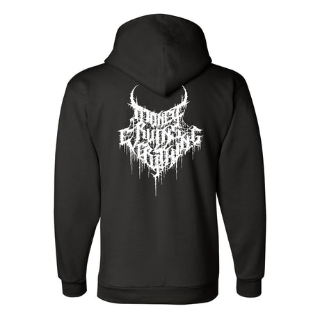 Black hoodie with white graphic design on the back against a white background