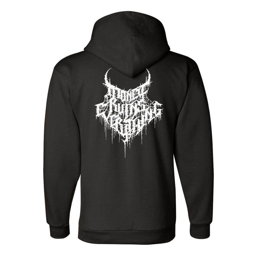 Black hoodie with white graphic design on the back against a white background