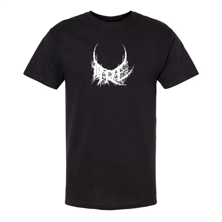 Black t-shirt with a white graphic design on a white background