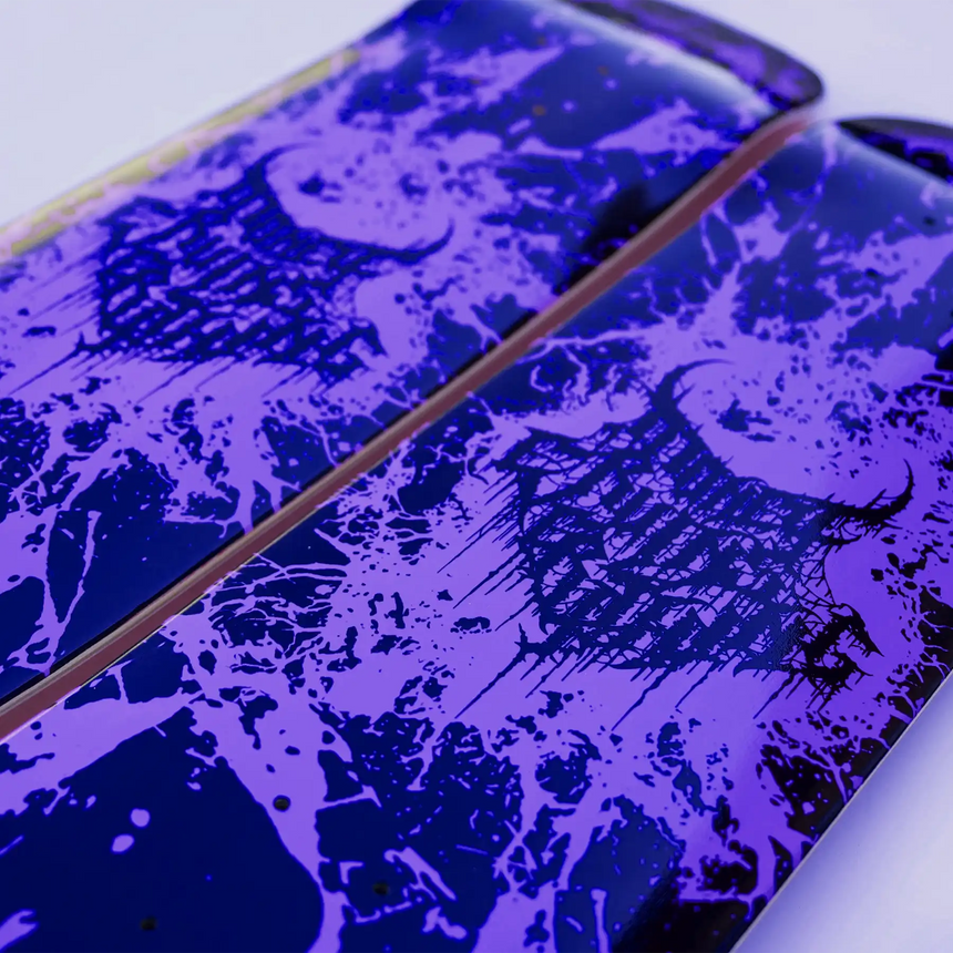 Close-up of a phone case with a purple abstract design on a white background