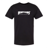 Black t-shirt with white text on a white background