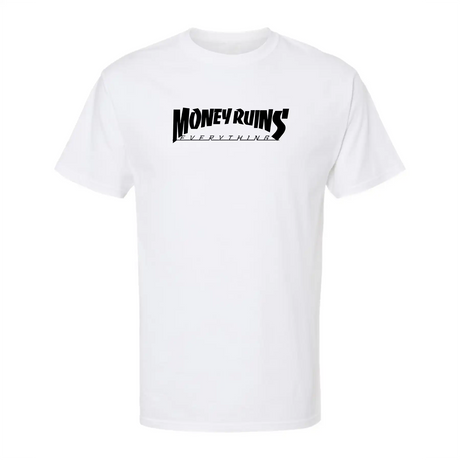 White t-shirt with black text 'Money Ruins Everything' on a white background